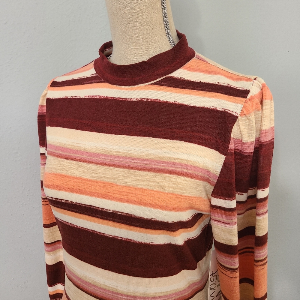Almost Famous Womens PinkMaroonTan Stripped Bishop Sleeve Sweater Dress XL - Picture 2 of 10